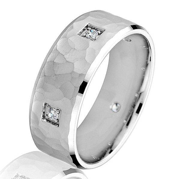 G86855WE 18K White Gold Diamond Hammered Wedding Ring